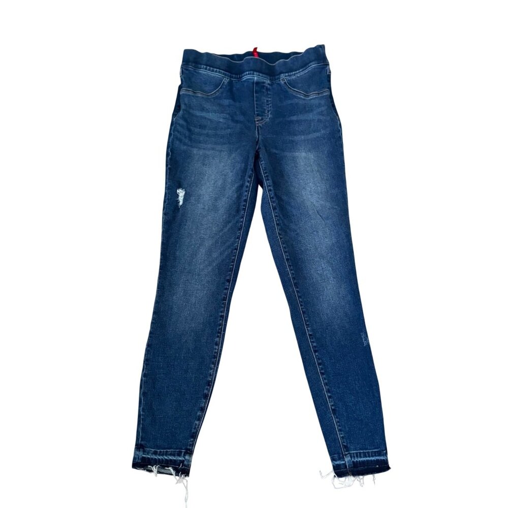 Spanx Womens Medium Denim Skinny Jeans With Distressed Hem Elastic Waist